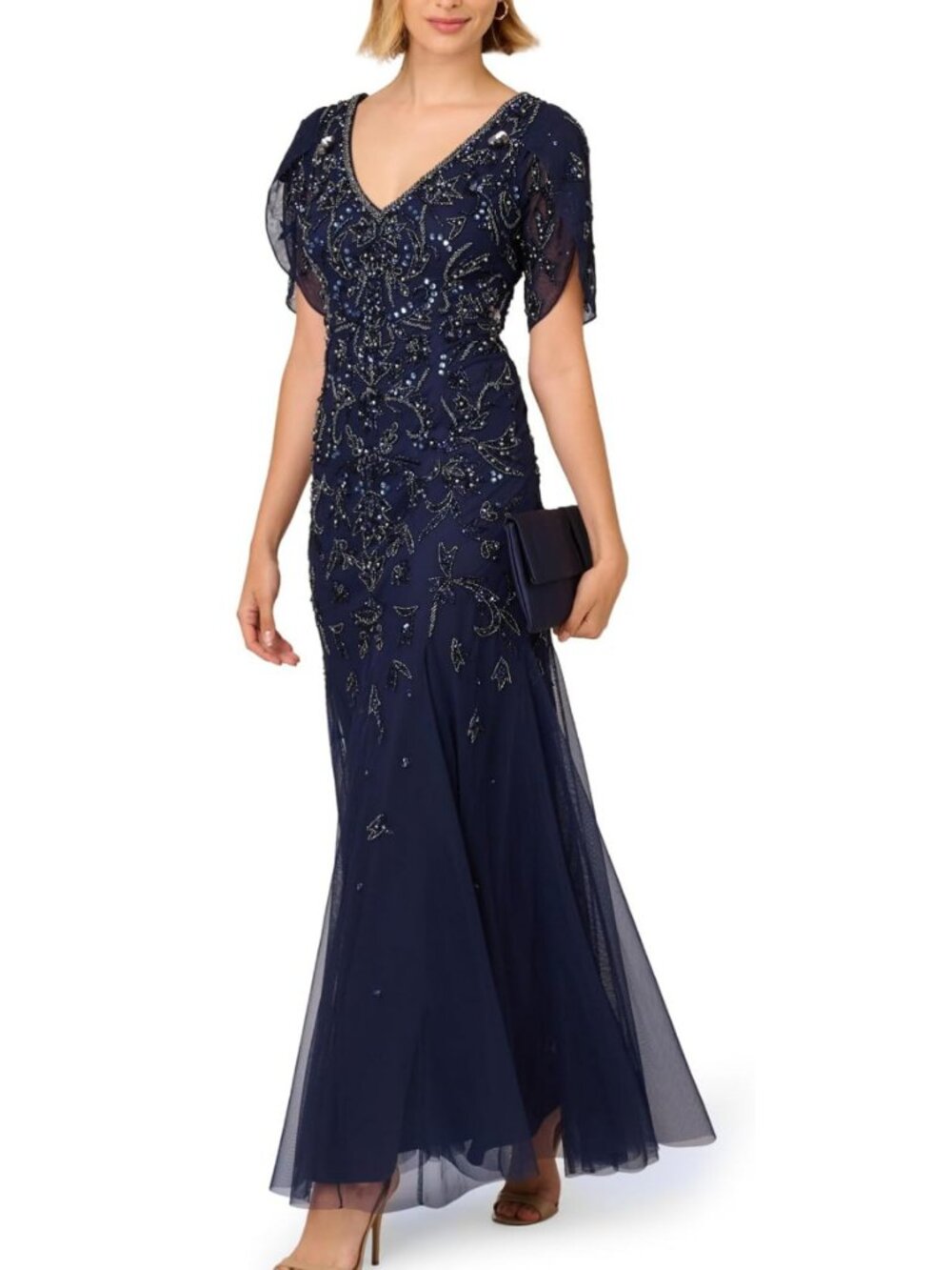 Adrianna Papell ✨ Beaded Mesh Gown Size 14 Light Navy NWT Formal Wedding